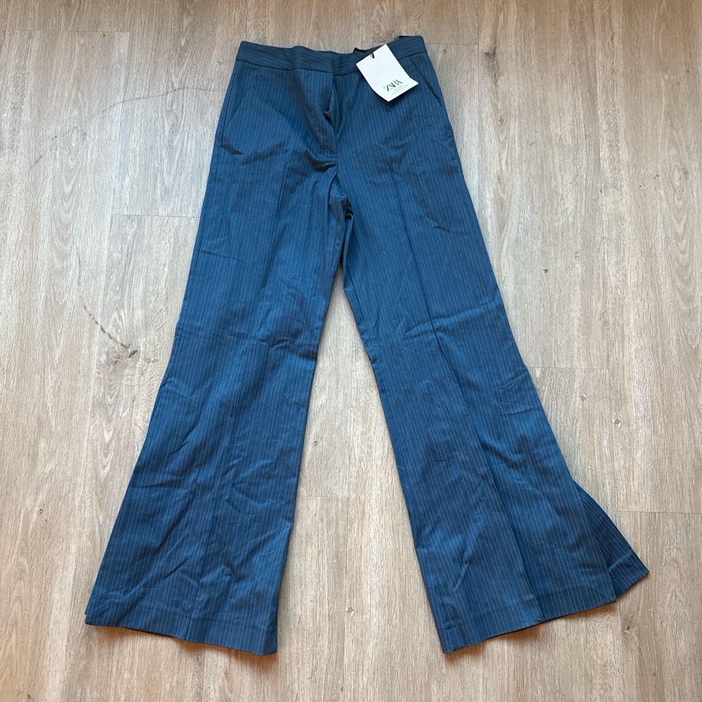 NWT ZARA Studio Blue Pinstripe Wide-Leg Trousers With Slits XS
